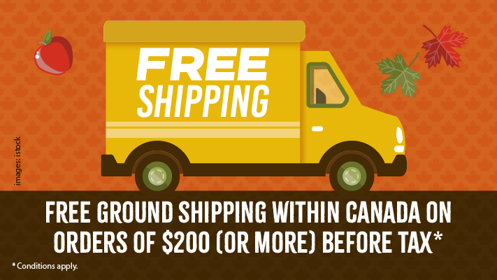 Free ground shipping with Canada on orders of $200 (or more) before tax. Conditions apply. Illustration of a shipping truck with FREE SHIPPING written on it.
