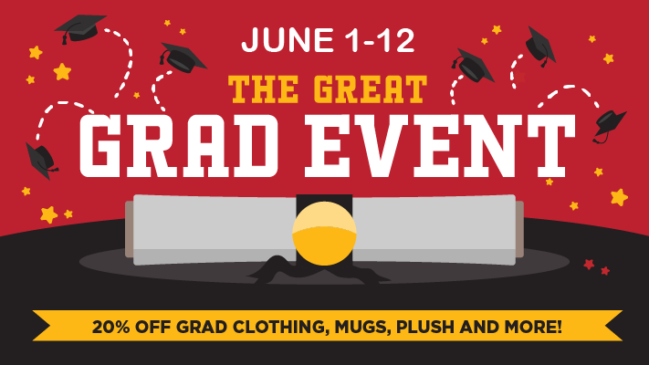 Illustration of graduation caps with the words June 1-12. The Great Grad Event. 20% off grad clothing, mugs, plush and more!