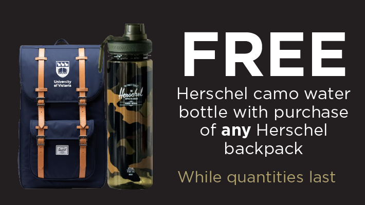 Photo of Herschel products with the words FREE Herschel camo water bottle with purchase of ANY Herschel backpack. Limited quantities.