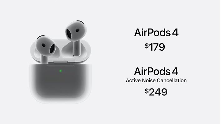 Airpods4 $179. AirPods4 Active Noise cancellation $249. Image of AirPods in a case.